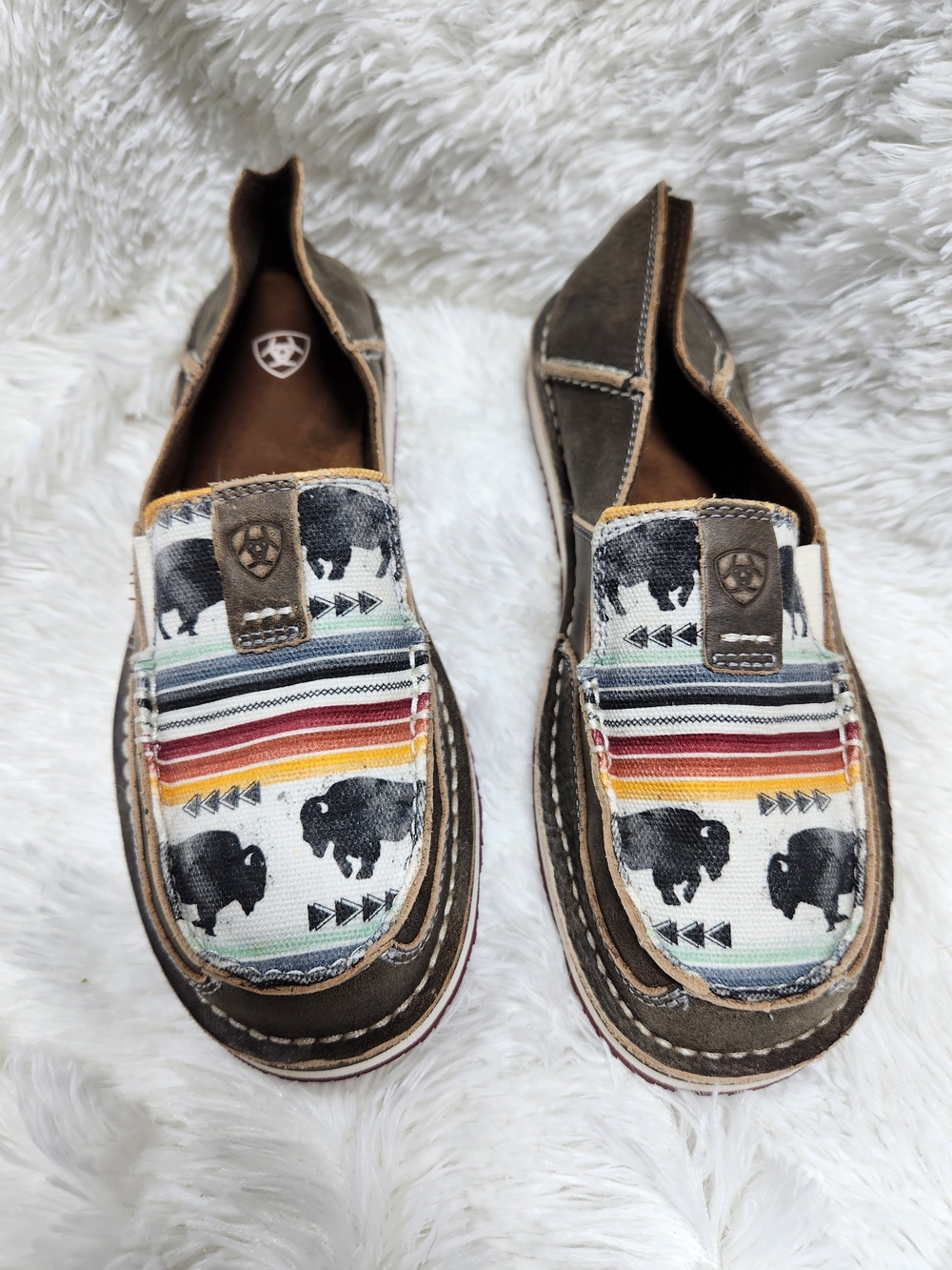 Ariat Brown Canvas Loafers with Multicolor Striped Buffalo Print